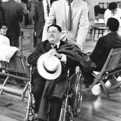 Dave Brubeck wheeling Darius Milhaud at a concert of Milhaud's music (San Francisco State University, California)