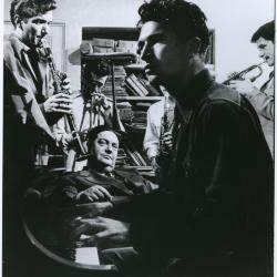 Bill Smith on clarinet, Jack Weeks on trombone, Darius Milhaud, Dave Brubeck, unidentified on saxophone, Dick Collins on trumpet