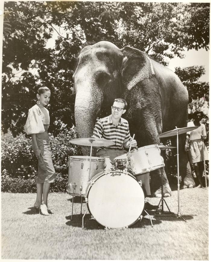 Joe Morello on drums with same unidentified woman and "white" elephant and mahout in background (Colombo, Sri Lanka)