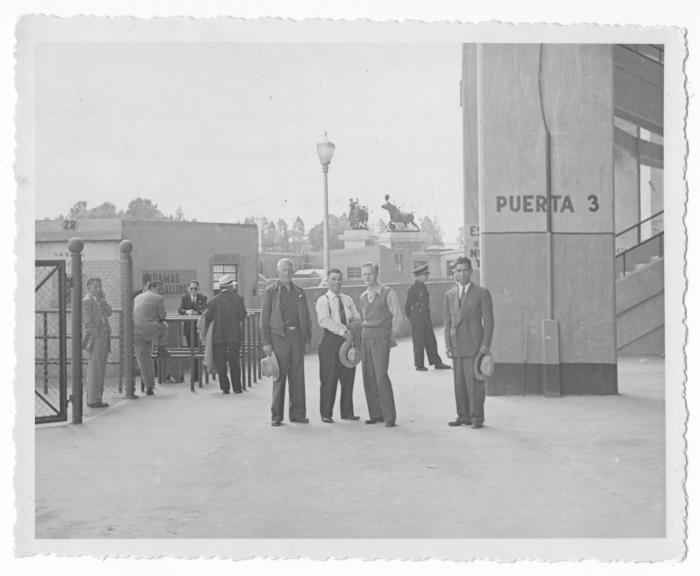 O. K. Fairbanks, Johnny Edwards, Mr. Neveaux, Tony ["our driver"] at bull ring (Mexico City, Mexico)