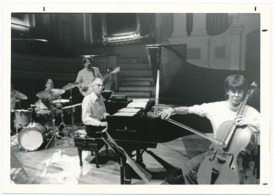 Matthew Brubeck [foreground], Dave Brubeck, Chris Brubeck, Dan Brubeck [bkgrd] in performance (Worcester, Massachusetts)