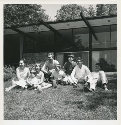 Dave Brubeck, Iola Brubeck, Darius Brubeck, Michael Brubeck, Chris Brubeck, Catherine Brubeck, Dan Brubeck, Matthew Brubeck seated on lawn behind home (Wilton, Connecticut)