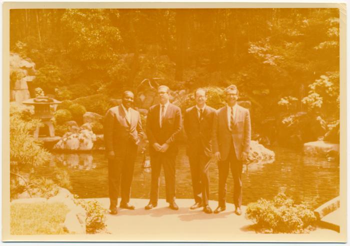 Dave Brubeck Quartet in front of pond in formal garden (Kyoto, Japan)