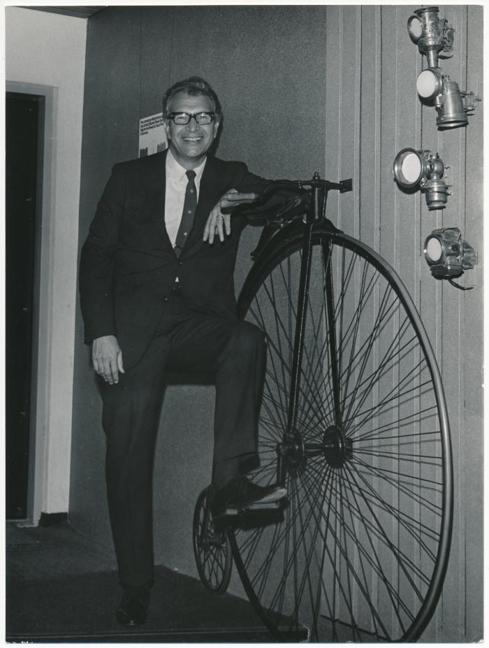 Dave Brubeck with antique penny farthing bicycle (Schiphol, Netherlands)
