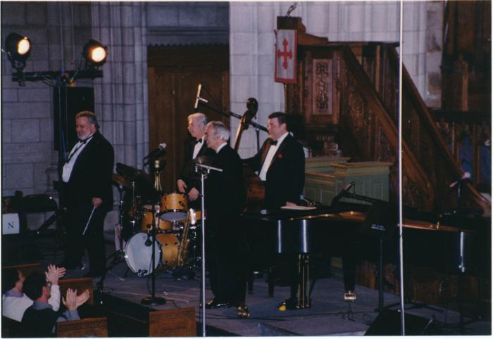 Dave Brubeck, Bobby Millitello, Jack Six, Randy Jones at Gates of Justice performance #1 (Princeton University, New Jersey)