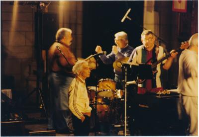 Dave Brubeck, Bobby Millitello, Jack Six, Randy Jones at Gates of Justice performance #2 (Princeton University, New Jersey)