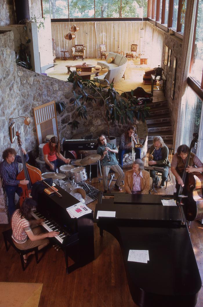 Dave Brubeck, Darius Brubeck, Chris Brubeck, Dan Brubeck, Gerry Mulligan, Perry Robinson, Jack Six, Rick Kilburn rehearsing (Wilton, Connecticut)