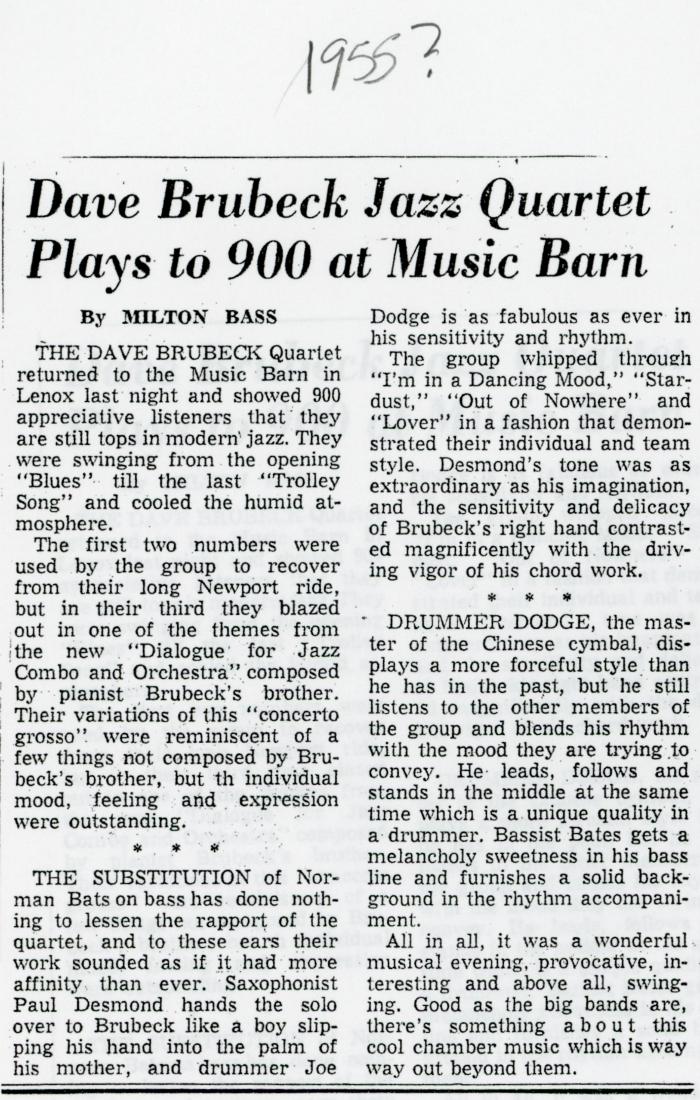 Milton Bass, "Dave Brubeck jazz quartet plays to 900 at music barn"