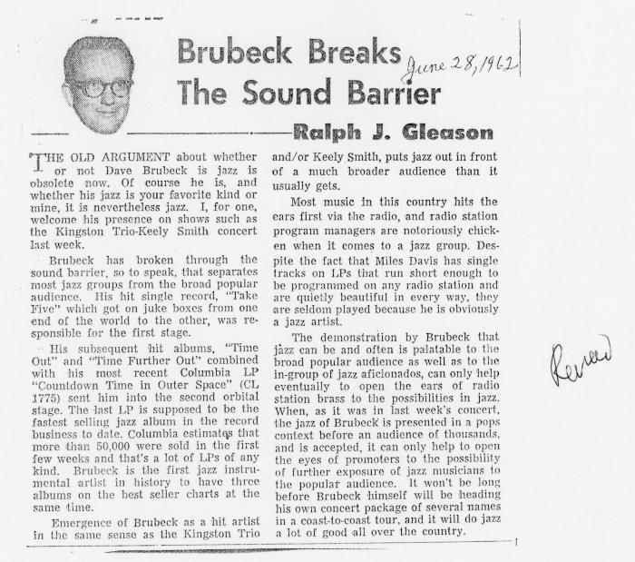 Ralph J. Gleason, "Brubeck breaks the sound barrier," San Francisco Chronicle (California)