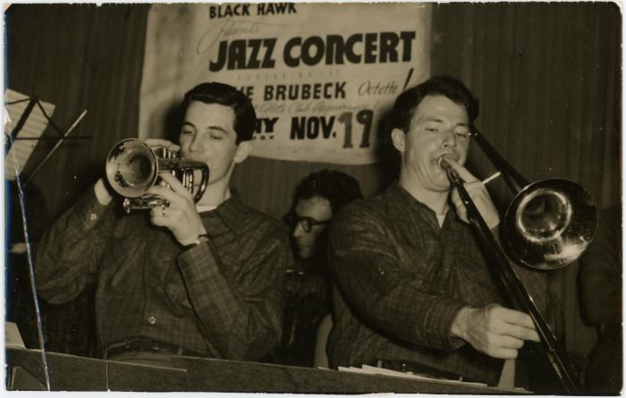 Dave Brubeck in background, Dick Collins on trumpet, Bob Collins on trombone ("The Blackhawk," San Francisco, California)