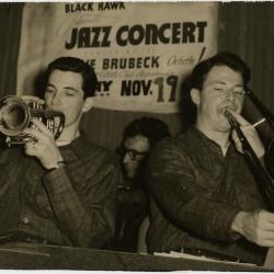Dave Brubeck in background, Dick Collins on trumpet, Bob Collins on trombone ("The Black Hawk," San Francisco, California)