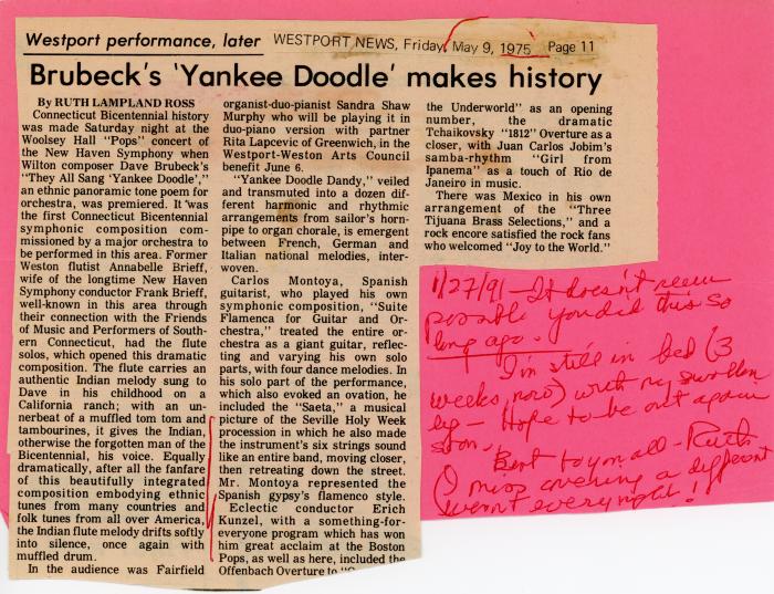 Ruth Lampland Ross, "Brubeck's 'Yankee Doodle' Makes History," Westport News (Connecticut)