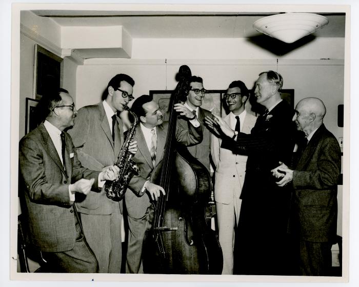 Dave Brubeck, Paul Desmond, Joe Dodge, Norman Bates, Paul Speigle, Jim Abbe, and Sir Robert Haddon (Press Union League Club, San Francisco, California)