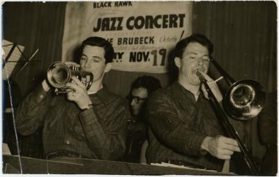 Dave Brubeck in background, Dick Collins on trumpet, Bob Collins on trombone ("The Blackhawk," San Francisco, California)
