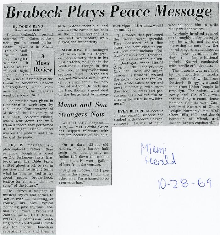 Doris Reno, "Brubeck Plays Peace Message," Miami Herald