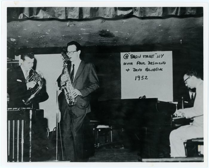 Dave Brubeck, Paul Desmond, Don Elliott (mellophone) in performance (Basin Street East, New York City, New York)