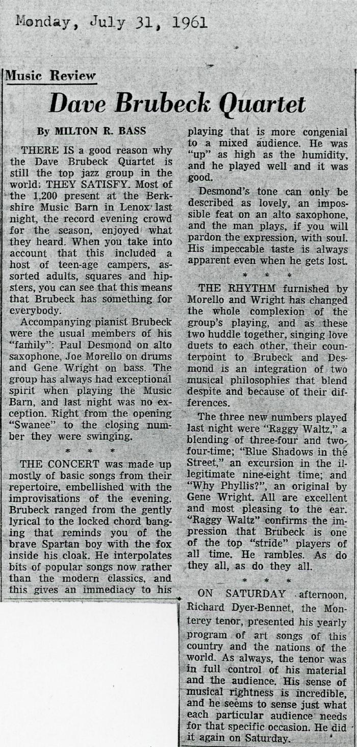 Milton R. Bass, "Dave Brubeck Quartet" (Lenox, Massachusetts)