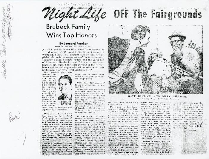 Leonard Feather, "Brubeck family wins top honors," Seattle Post-Intelligencer (Washington)