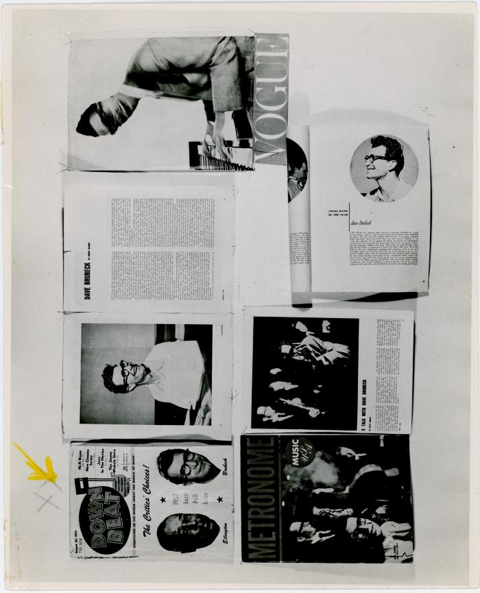 Collage of Dave Brubeck articles published in Downbeat, Metronome, etc.