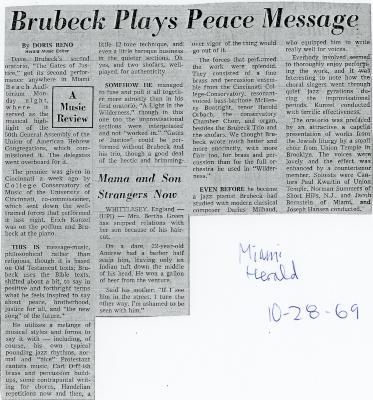 Doris Reno, "Brubeck Plays Peace Message," Miami Herald