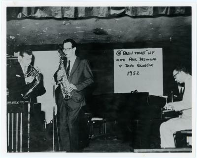 Dave Brubeck, Paul Desmond, Don Elliott (mellophone) in performance (Basin Street East, New York City, New York)