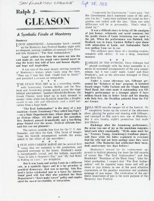 Ralph J. Gleason, "A symbolic finale at Monterey" (Real Ambassadors), San Francisco Chronicle (California)