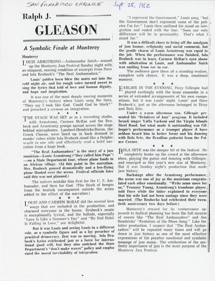 Ralph J. Gleason, "A symbolic finale at Monterey" (Real Ambassadors), San Francisco Chronicle (California)