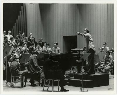 Dave Brubeck, Erich Kunzel, choir, orchestra rehearsing Gates of Justice (Cincinnati, Ohio)