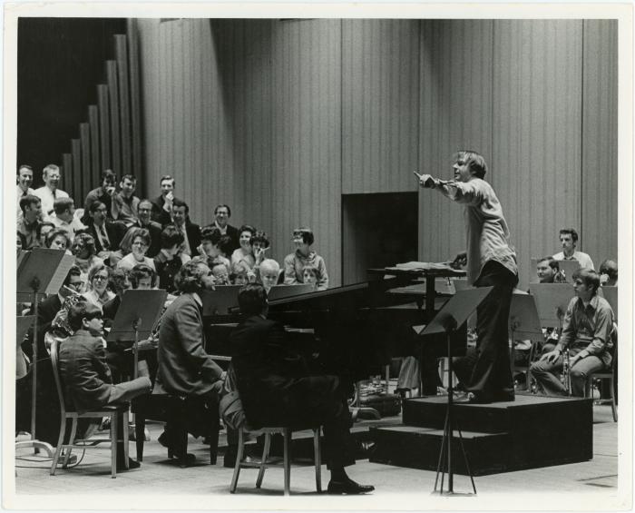 Dave Brubeck, Erich Kunzel, choir, orchestra rehearsing Gates of Justice (Cincinnati, Ohio)