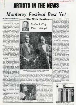 Leonard Feather, "Monterey Festival Best Yet: Brubeck Play Real Triumph"