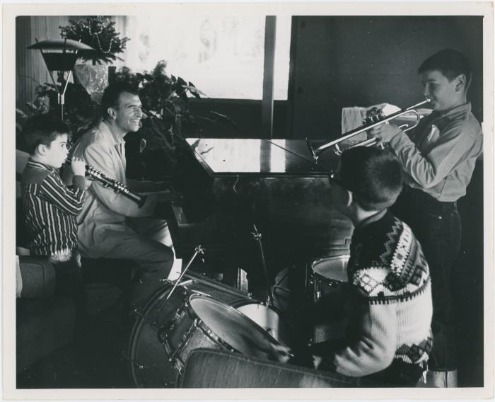 Dave Brubeck playing "music" with sons: Darius Brubeck (trumpet); Michael Brubeck (drums); Chris Brubeck (toy clarinet) #2