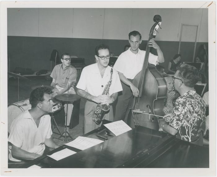 Dave Brubeck, Paul Desmond, Howard Brubeck, Norman Bates, Joe Dodge, members of the San Diego Symphony Orchestra in background #1