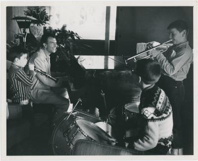 Dave Brubeck playing "music" with sons: Darius Brubeck (trumpet); Michael Brubeck (drums); Chris Brubeck (toy clarinet) #2