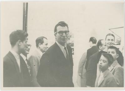 Dave Brubeck, Iola Brubeck, Michael Brubeck, Darius Brubeck, Paul Desmond (background), others not identified (United Kingdom)