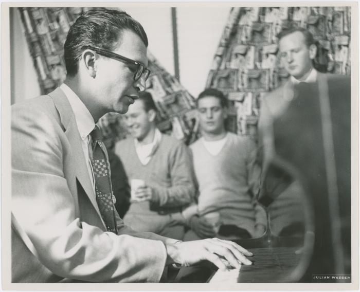 Dave Brubeck in performance, with Phi Alpha fraternity students in background (University of Pennsylvania, Philadelphia, Pennsylvania)