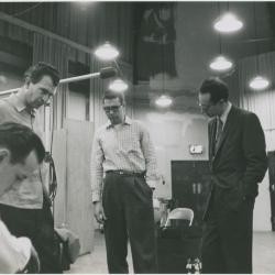 Norman Bates (foreground), Dave Brubeck, Joe Morello, and Paul Desmond listening to playback #2 (New York City, New York [?])