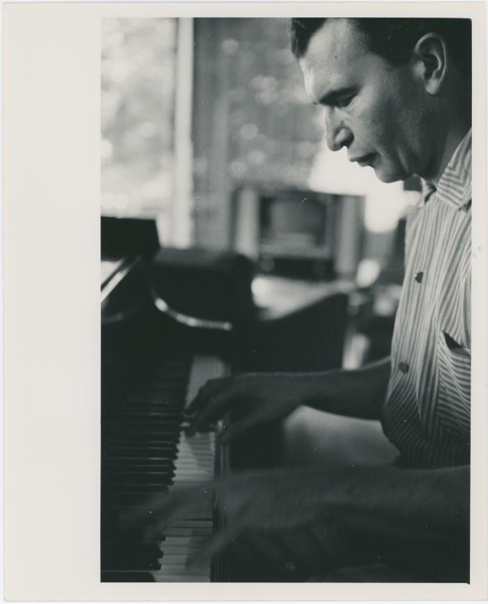 Dave Brubeck at piano in home #1 -- (Oakland, California) (8x10; credit: Bethlehem Pacific)