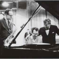 Dave Brubeck, Paul Desmond, Leonard Bernstein in rehearsal of Howard Brubeck's "Dialogues…" (New York City, New York)
