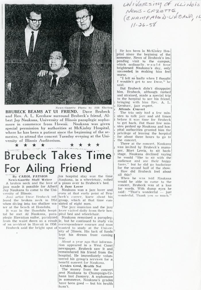 Carol Patsios, "Brubeck takes time for Ailing Friend," University of Illinois News-Gazette (Champaign-Urbana, Illinois)