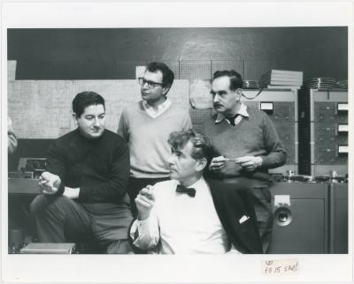 Dave Brubeck, Teo Macero, Leonard Bernstein and Fred Plant at "Dialogues…" recording session #2 (New York City, New York)
