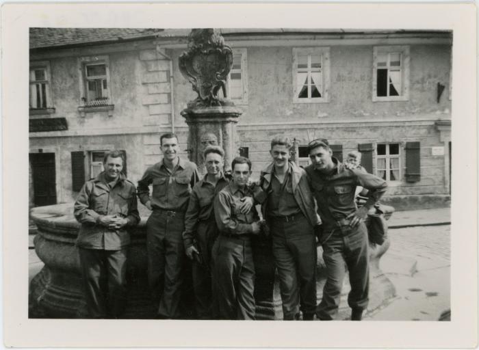 Dave Brubeck (2nd from left) and army buddies (Thompson, Wimpy, Tenaglia, Engel and Sansone) standing in front of the fountain of "nuff" chateau (France)