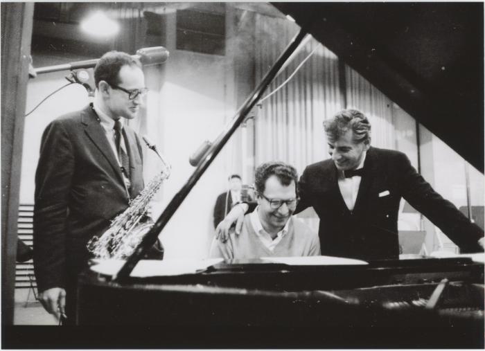 Dave Brubeck, Paul Desmond, Leonard Bernstein in rehearsal of Howard Brubeck's "Dialogues…" (New York City, New York)