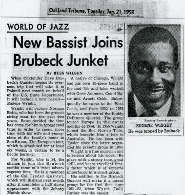 Russ Wilson, "World of Jazz: New Bassist Joins Brubeck Junket," Oakland Tribune (California)