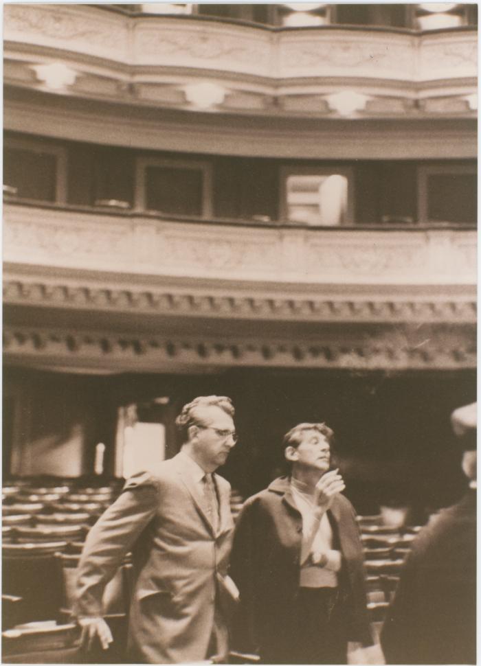 Howard Brubeck, Leonard Bernstein during a rehearsal of Howard Brubeck's "Dialogues…" performed by Dave Brubeck Quartet and the New York Philharmonic Orchestra (New York City, New York)