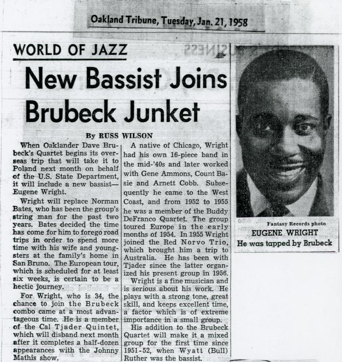 Russ Wilson, "World of Jazz: New Bassist Joins Brubeck Junket," Oakland Tribune (California)