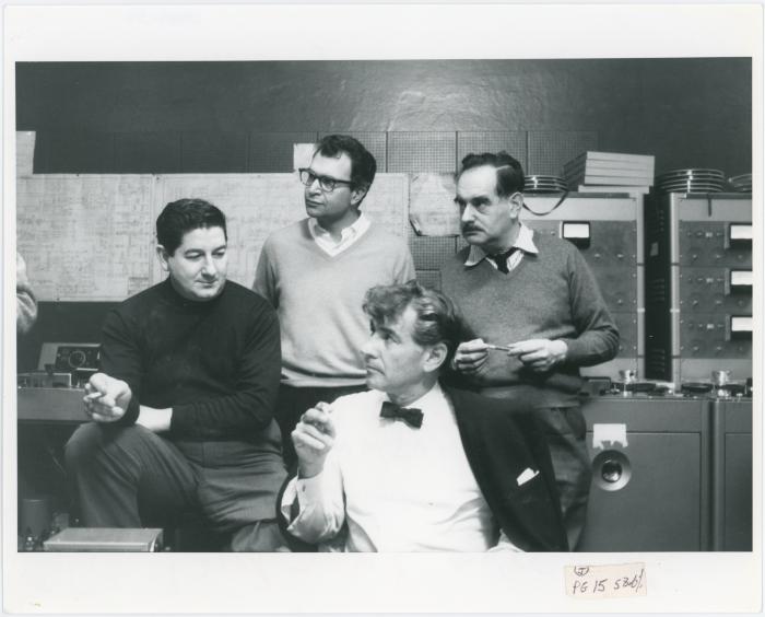 Dave Brubeck, Teo Macero, Leonard Bernstein and Fred Plant at "Dialogues…" recording session #2 (New York City, New York)