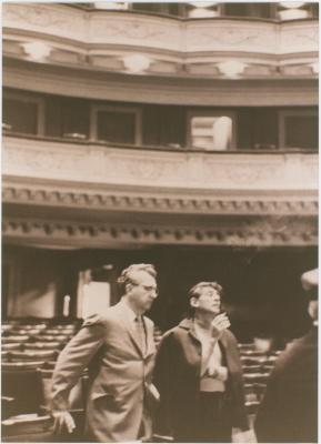 Howard Brubeck, Leonard Bernstein during a rehearsal of Howard Brubeck's "Dialogues…" performed by Dave Brubeck Quartet and the New York Philharmonic Orchestra (New York City, New York)