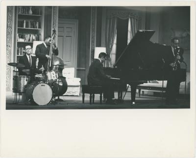Dave Brubeck, Joe Morello, Eugene Wright, Paul Desmond in rehearsal on theatre set