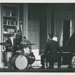 Dave Brubeck, Joe Morello, Eugene Wright in rehearsal on theatre set