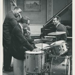 Dave Brubeck, Joe Morello, Eugene Wright in rehearsal on theatre set